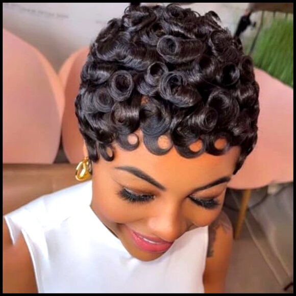 Short Layered Human Hair Wig Glueless with Bangs Pixie Cut Classic